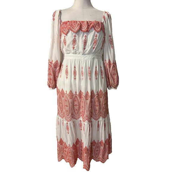 Marie Oliver Maxi Dress S Small White Red Embroidered Colorful Smocked - Picture 5 of 16